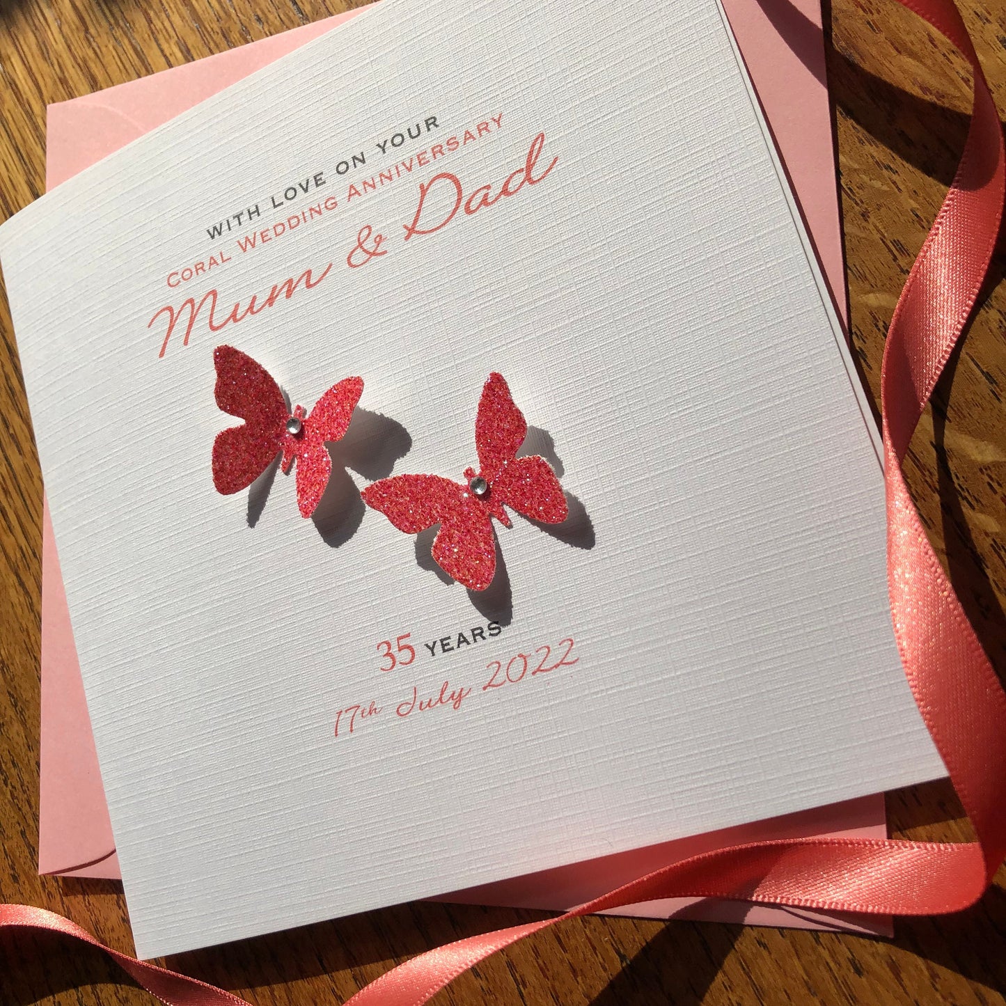 Coral 35th Wedding Anniversary Card, Coral Glitter Butterflies, Personalised