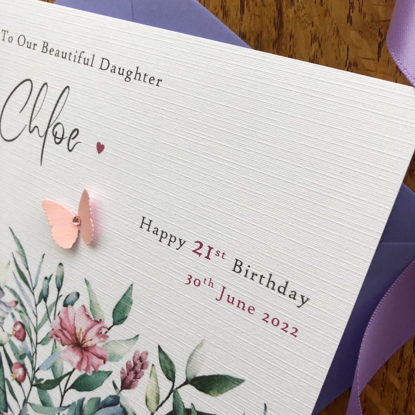 Personalised Birthday Card - Lilac Wild Flower Border & Butterfly