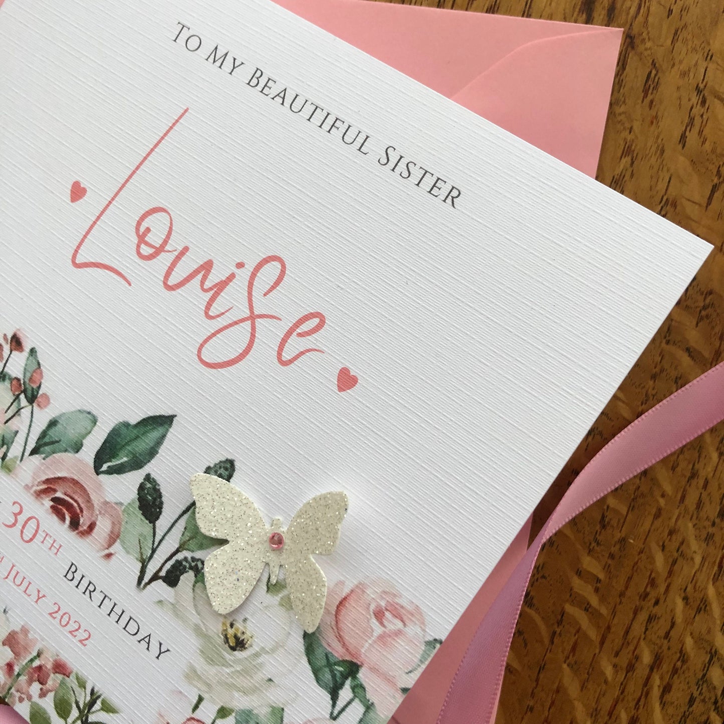Personalised Birthday Card - Pink Wild Flower Border & Butterfly