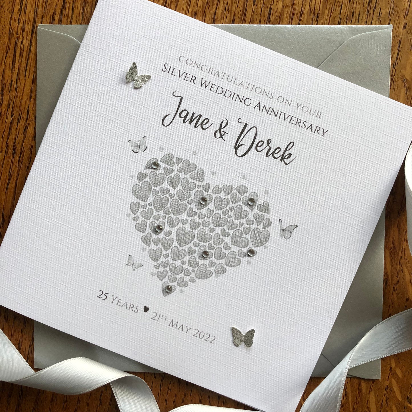 Silver 25th Wedding Anniversary Card - Heart of Hearts & Butterflies