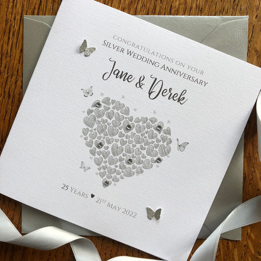 Silver 25th Wedding Anniversary Card - Heart of Hearts & Butterflies