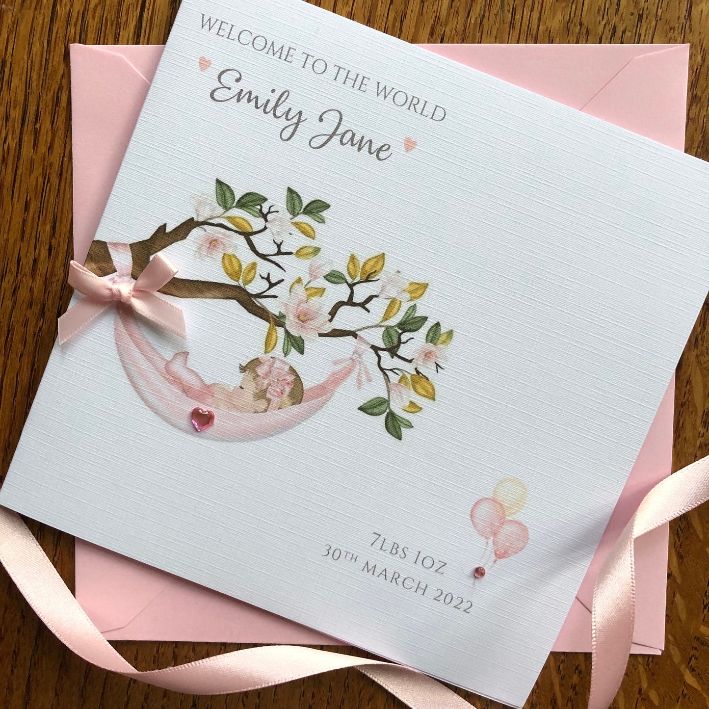 Personalised New Baby Girl Card - Blossom Tree Pink - New Baby Granddaughter, Niece, Goddaughter
