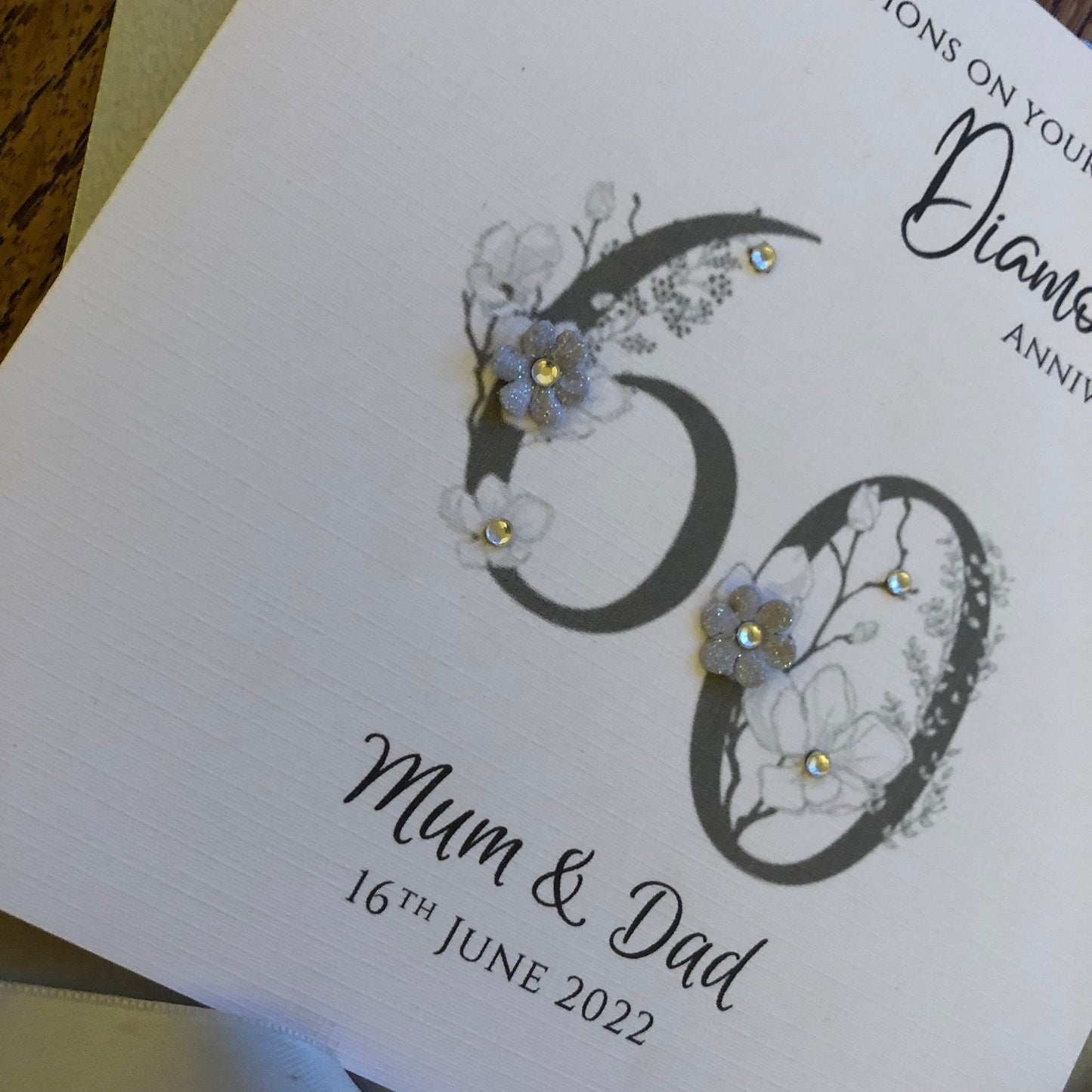 Diamond 60th or Platinum 70th Wedding Anniversary Card, Floral Numbers