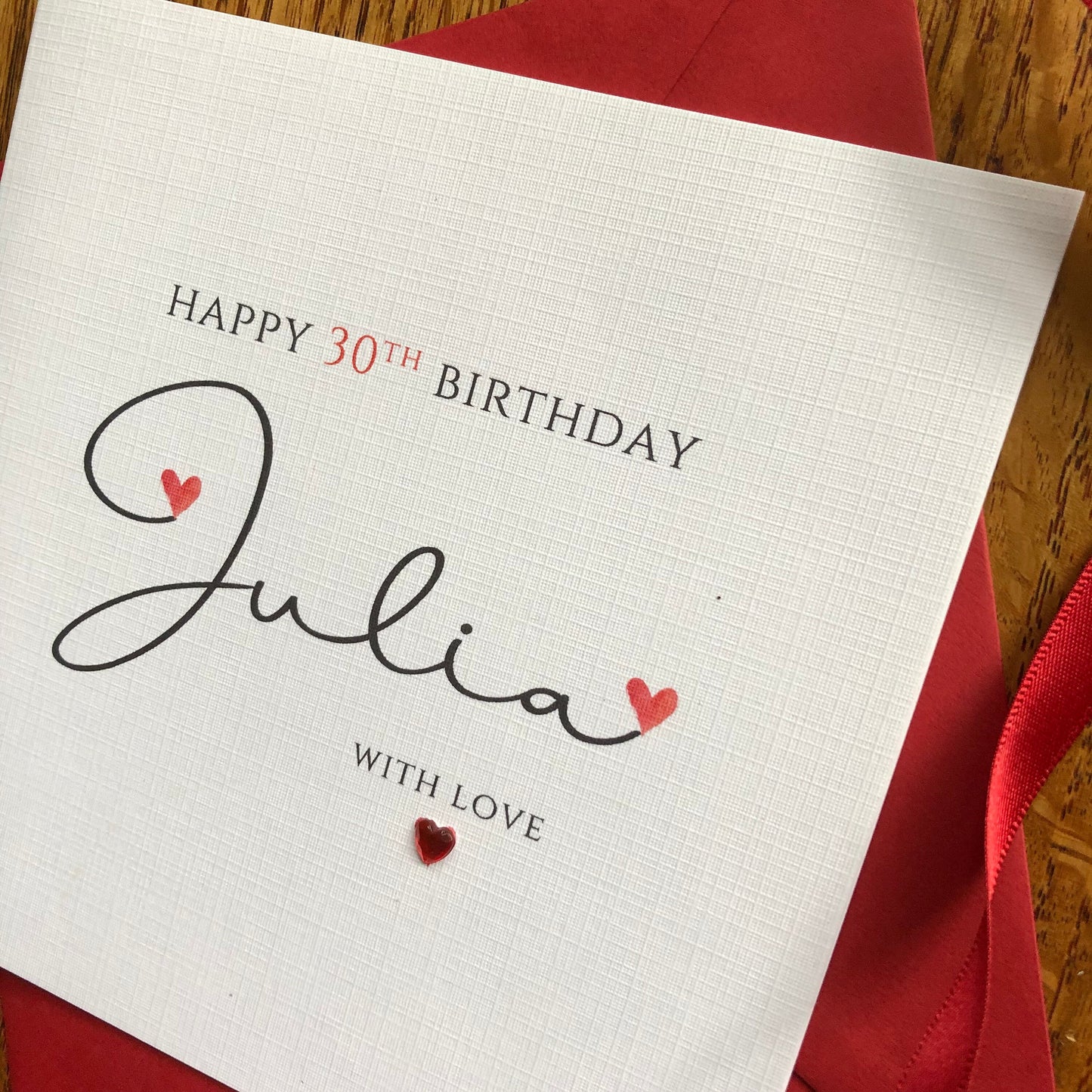 Personalised Birthday Card - Large Pink Heart Name with Crystal Heart