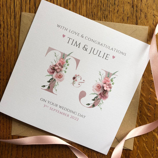 Personalised Bride & Groom Initials Monogram Wedding Day Card - Dusty Pink Letters