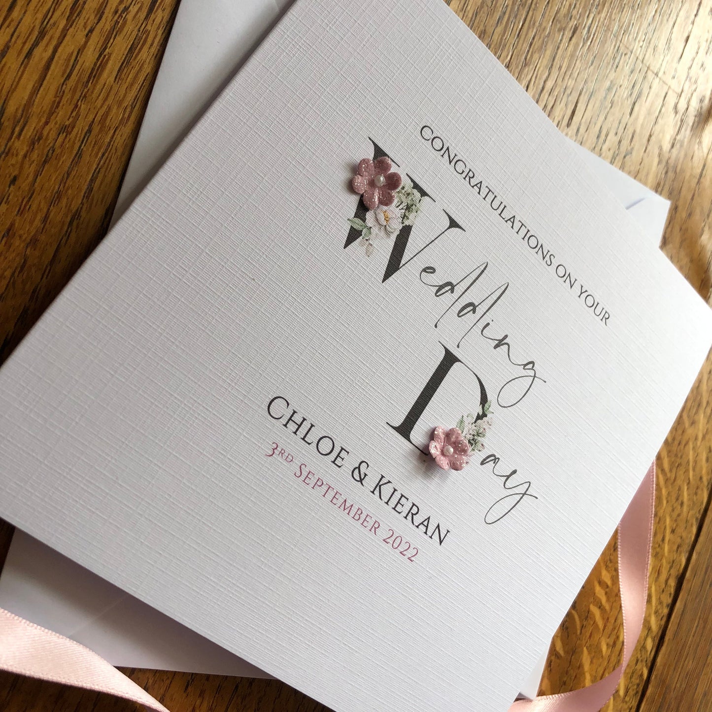 Personalised Wedding Day Card - Black Floral Letters with names and date