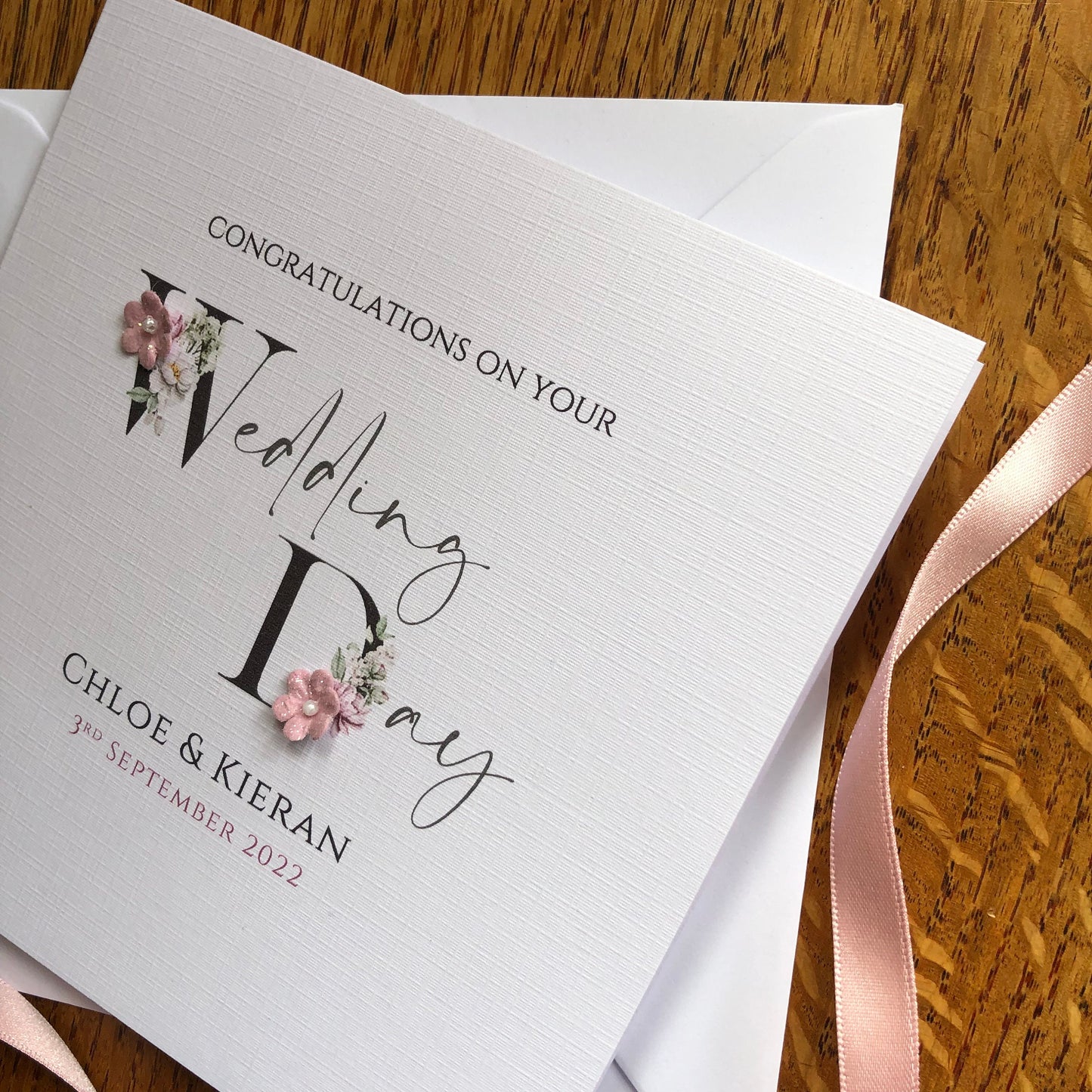 Personalised Wedding Day Card - Black Floral Letters with names and date