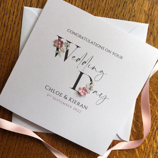 Personalised Wedding Day Card - Black Floral Letters with names and date
