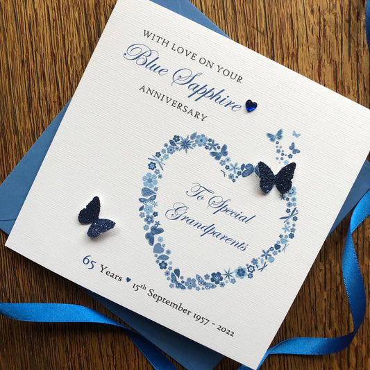 Sapphire Wedding Anniversary Card, 45th or 65th Butterfly Heart