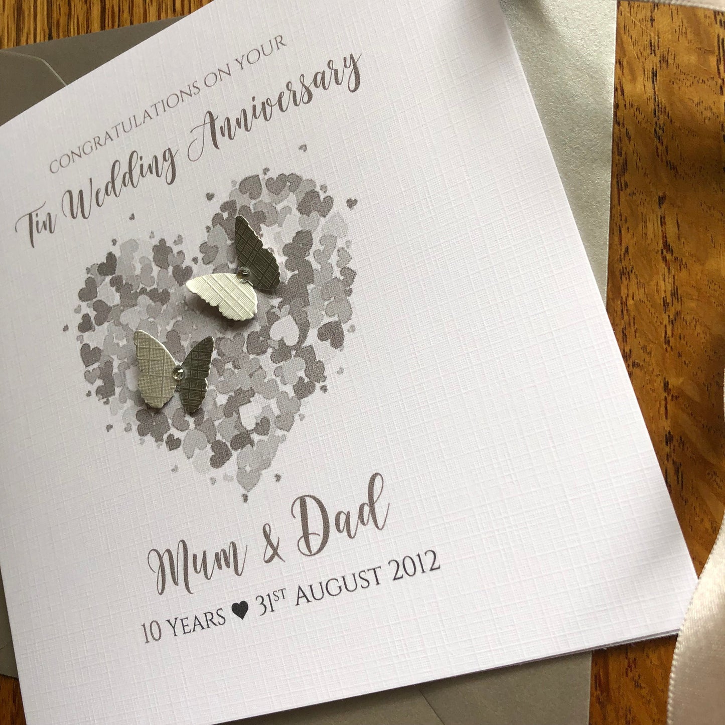 Tin 10th Wedding Anniversary Card, Heart of Hearts with Butterflies, Personalised Anniversary Card