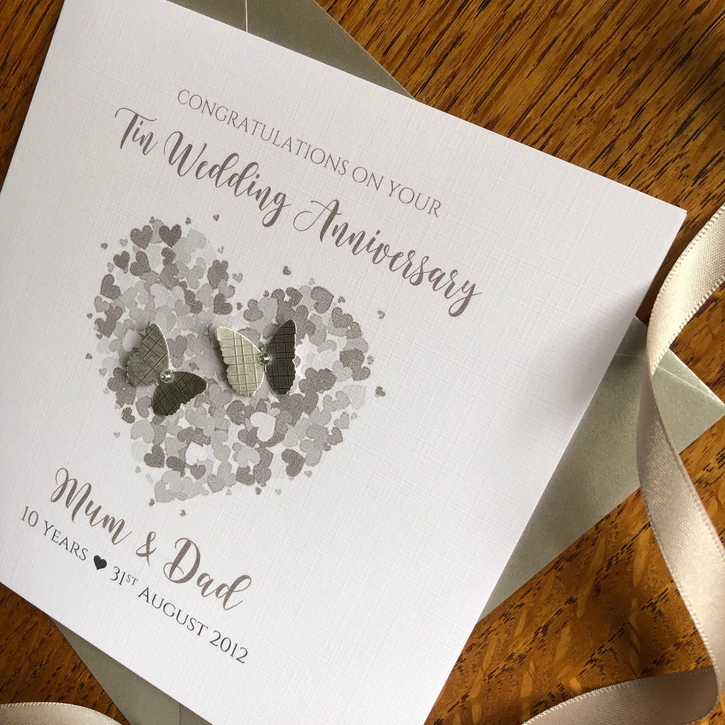 Tin 10th Wedding Anniversary Card, Heart of Hearts with Butterflies, Personalised Anniversary Card