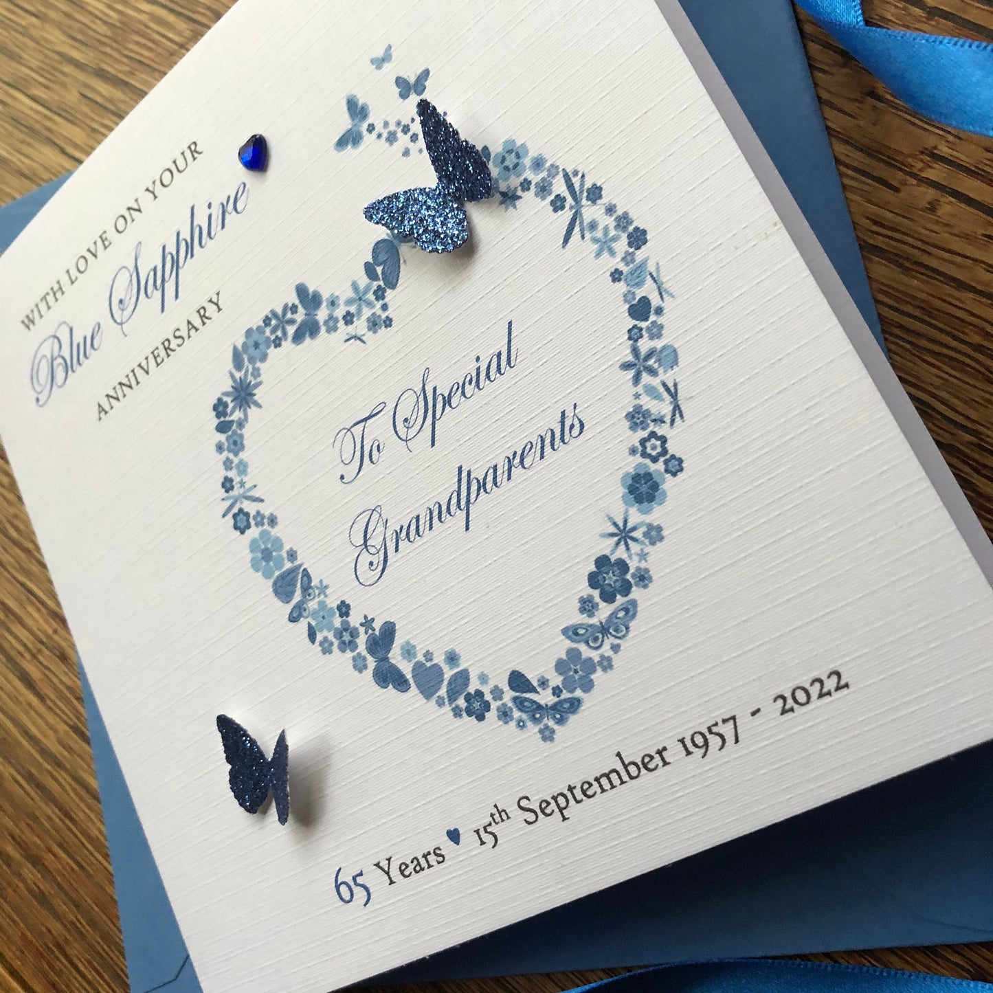Sapphire Wedding Anniversary Card, 45th or 65th Butterfly Heart