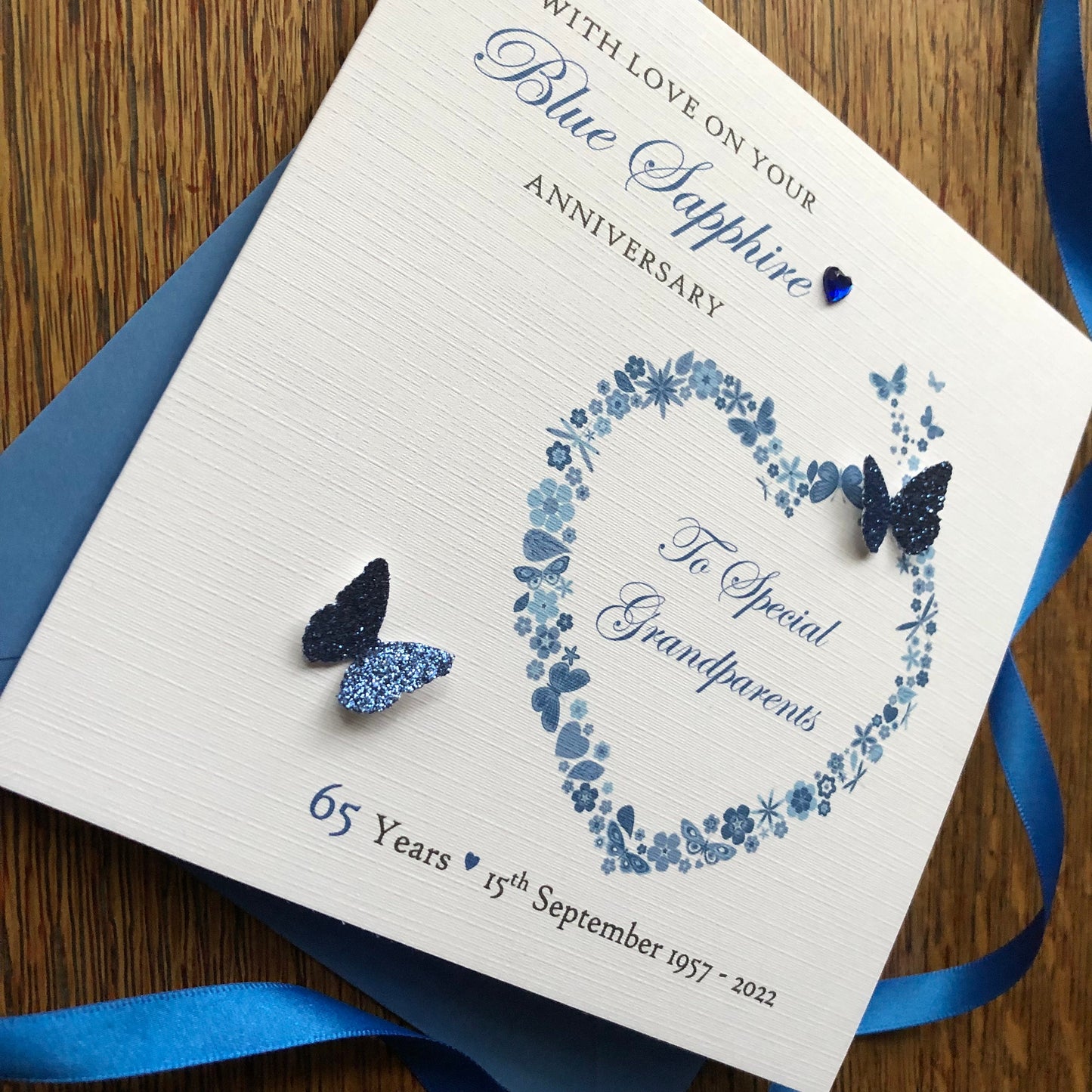 Sapphire Wedding Anniversary Card, 45th or 65th Butterfly Heart
