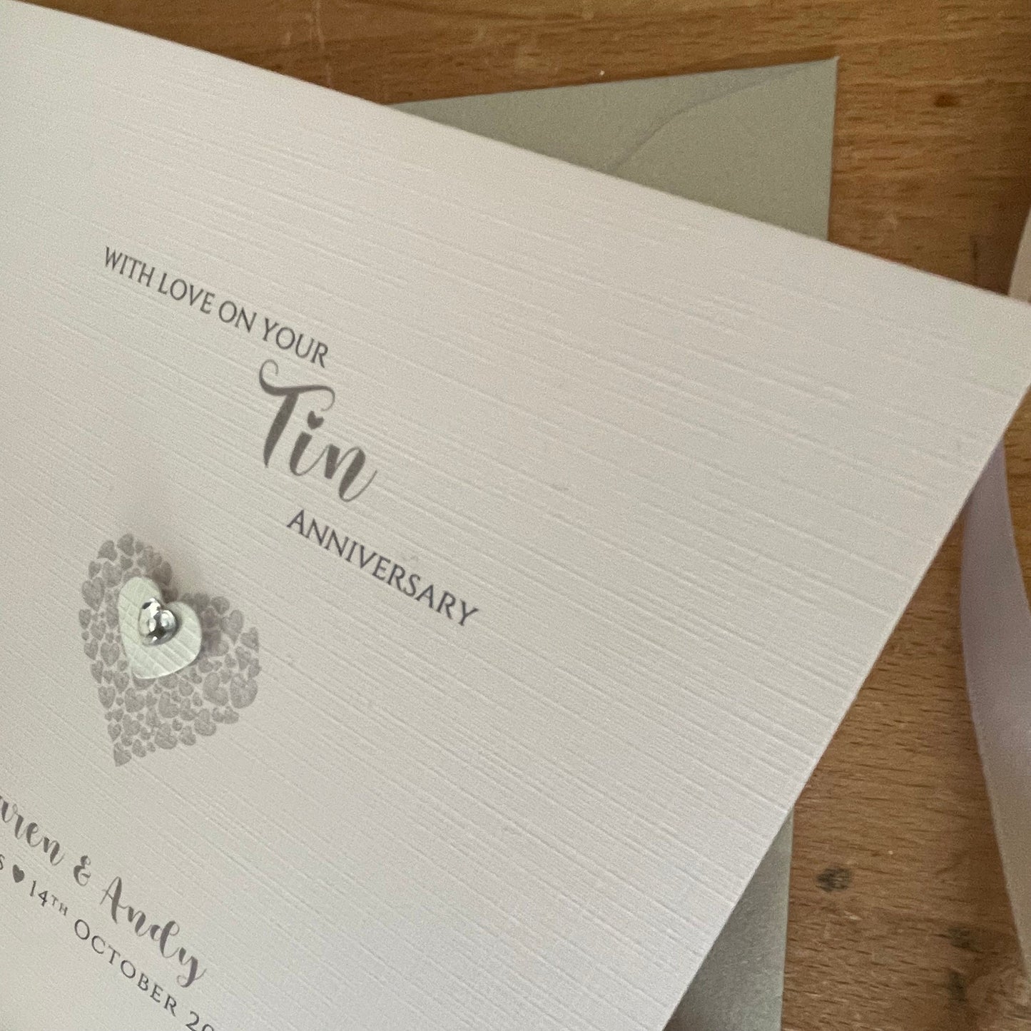 Tin 10th Wedding Anniversary Card, Triple Hearts, Personalised