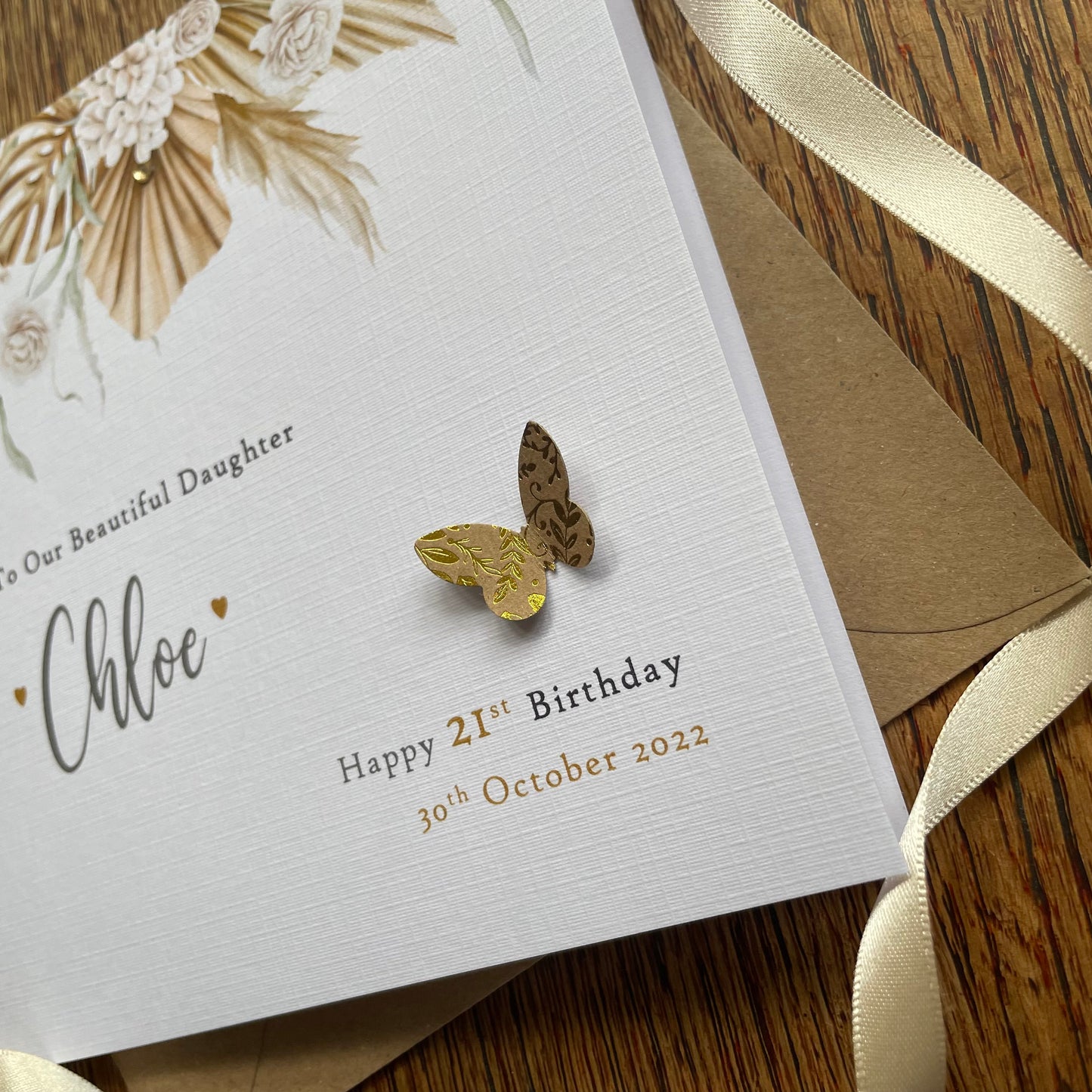 Personalised Birthday Card - Champagne Gold Floral Butterfly