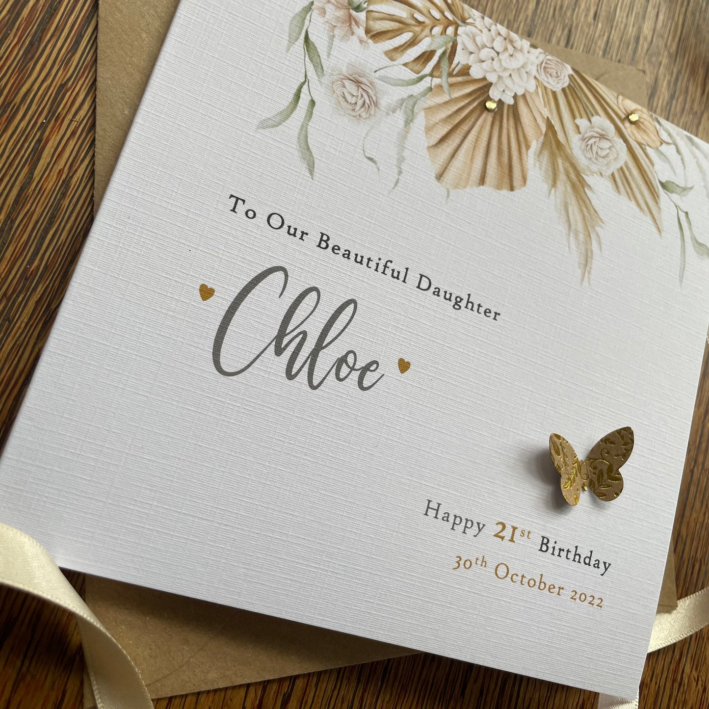 Personalised Birthday Card - Champagne Gold Floral Butterfly