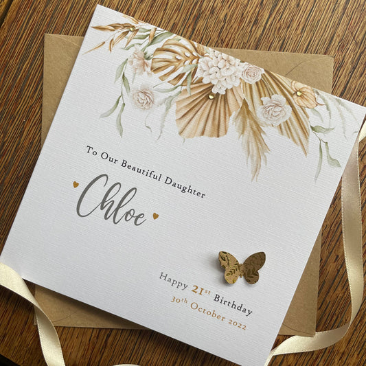 Personalised Birthday Card - Champagne Gold Floral Butterfly