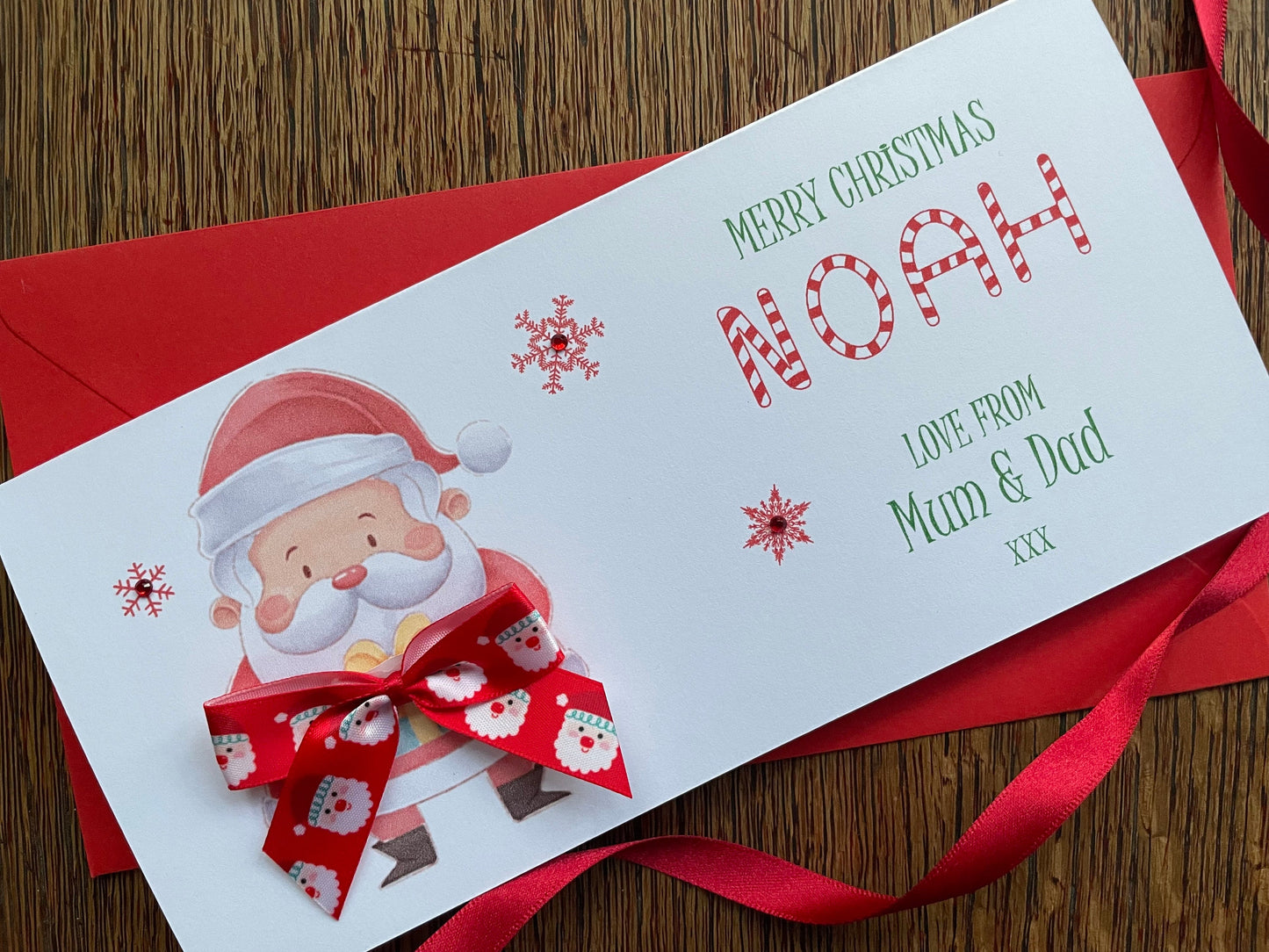Personalised Father Christmas Santa Money / Gift / Voucher Wallet with Crystals and Bow