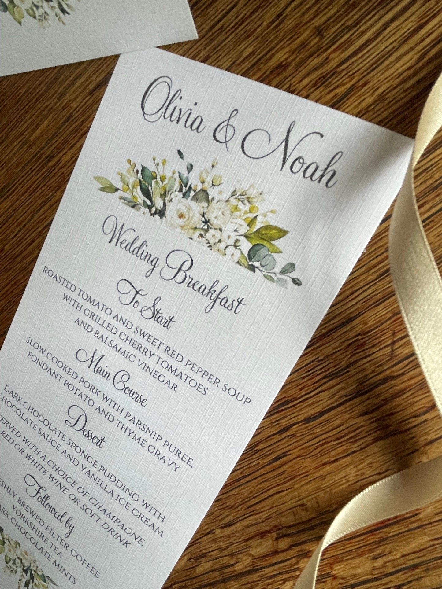 Personalised Wedding Table Menu Cards - Botanical Eucalyptus and Roses - Wedding Breakfast Menu