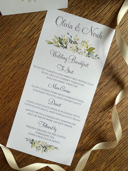 Personalised Wedding Table Menu Cards - Botanical Eucalyptus and Roses - Wedding Breakfast Menu
