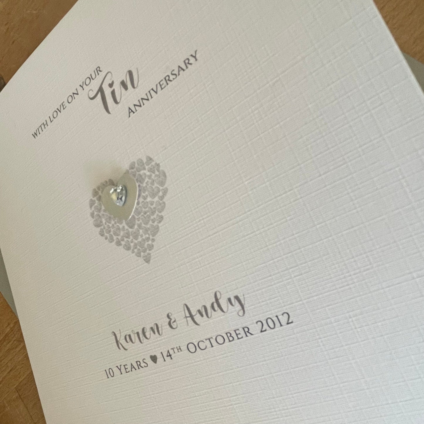 Tin 10th Wedding Anniversary Card, Triple Hearts, Personalised