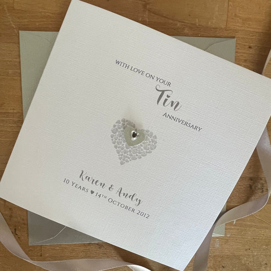 Tin 10th Wedding Anniversary Card, Triple Hearts, Personalised