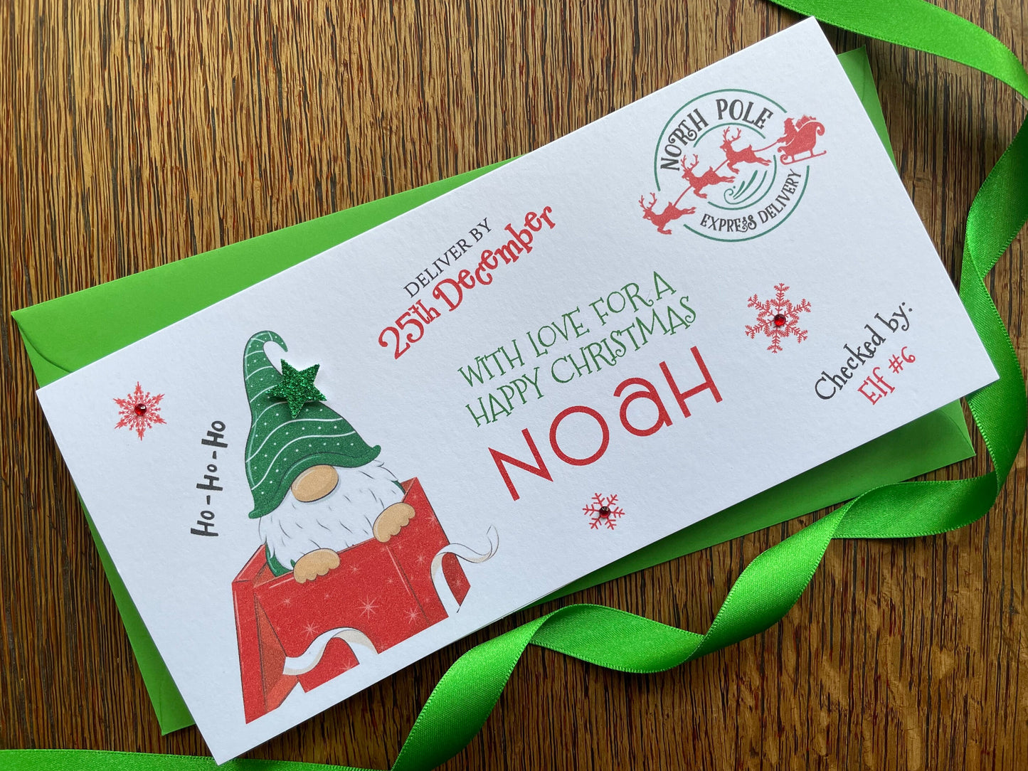 Personalised Christmas Gnome North Pole Delivery Money / Gift / Voucher Wallet with Crystals and Glitter Star