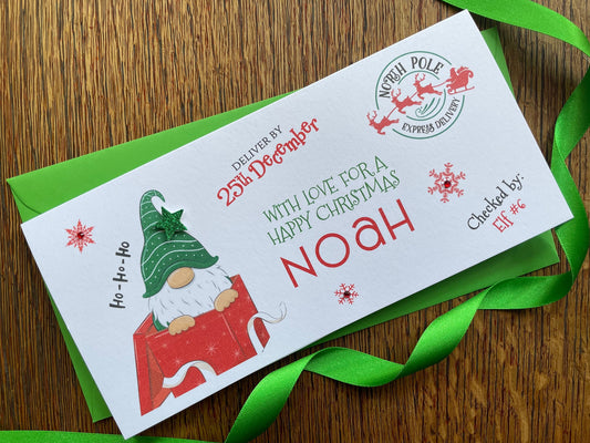 Personalised Christmas Gnome North Pole Delivery Money / Gift / Voucher Wallet with Crystals and Glitter Star