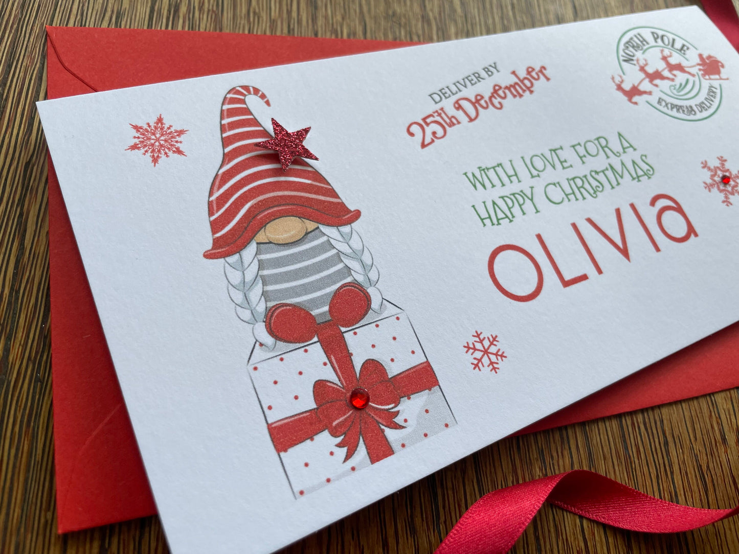 Personalised Christmas Gnome North Pole Delivery Money / Gift / Voucher Wallet