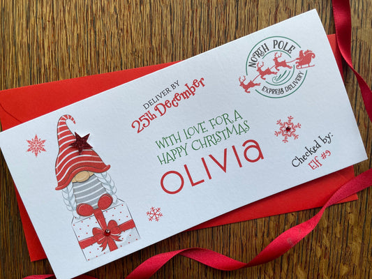 Personalised Christmas Gnome North Pole Delivery Money / Gift / Voucher Wallet