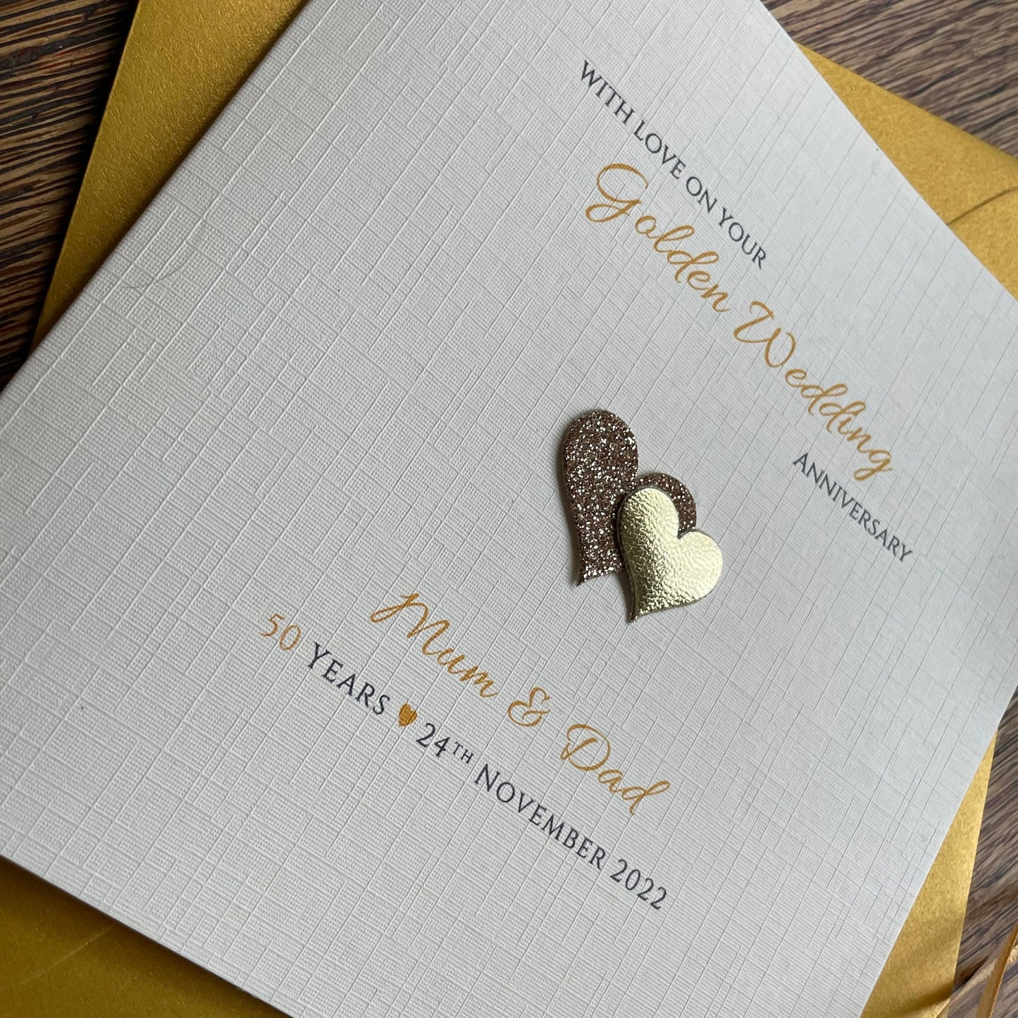 Personalised Golden Wedding Anniversary Card, Gold Double Glitter Hearts