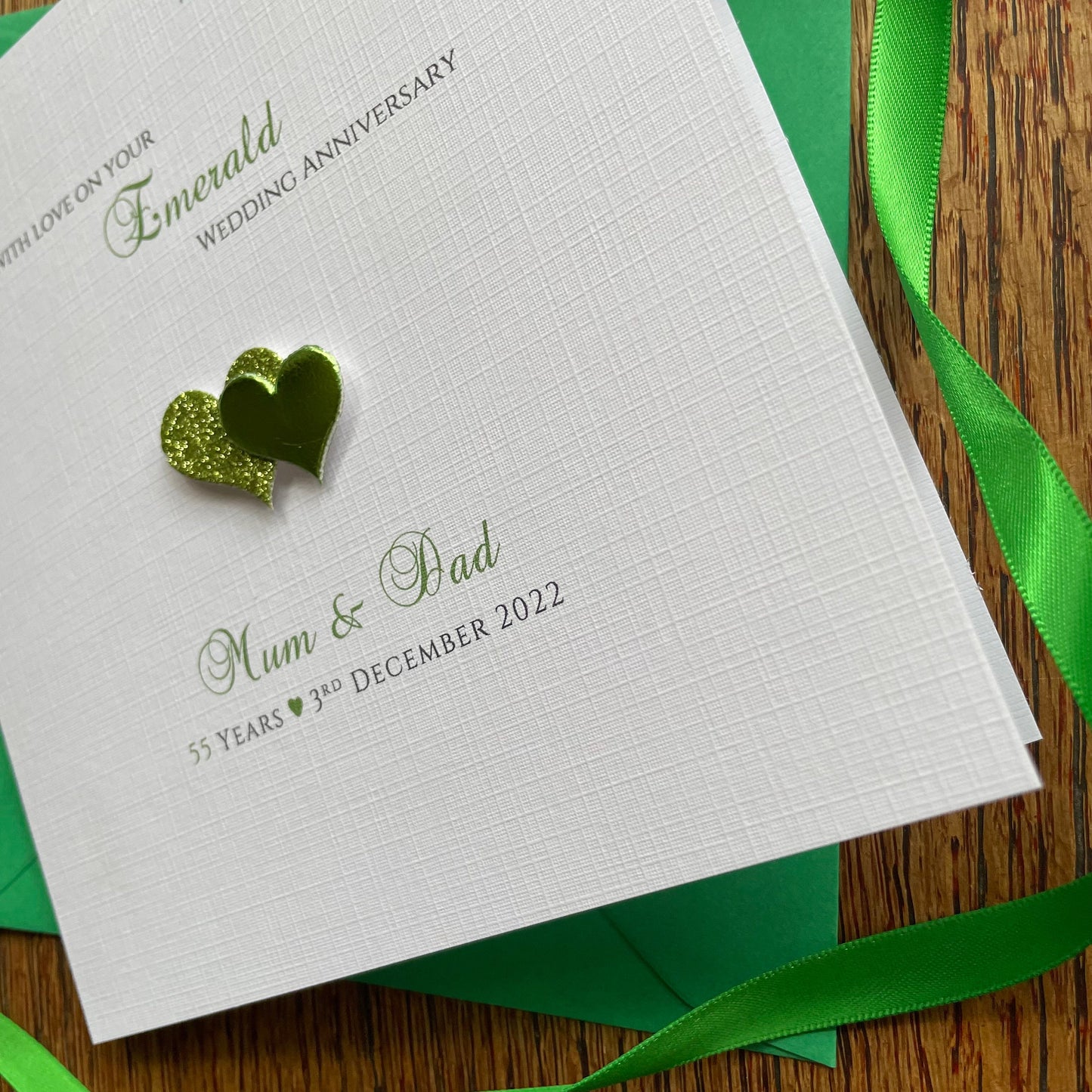 Personalised Emerald Wedding Anniversary Card, 55 Years Married - Double Glitter Hearts