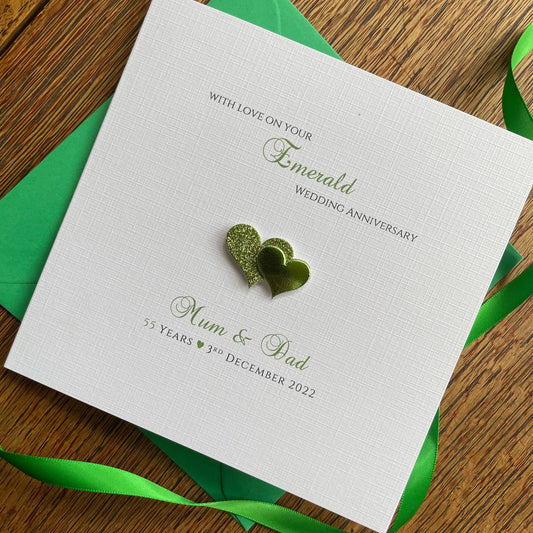 Personalised Emerald Wedding Anniversary Card, 55 Years Married - Double Glitter Hearts