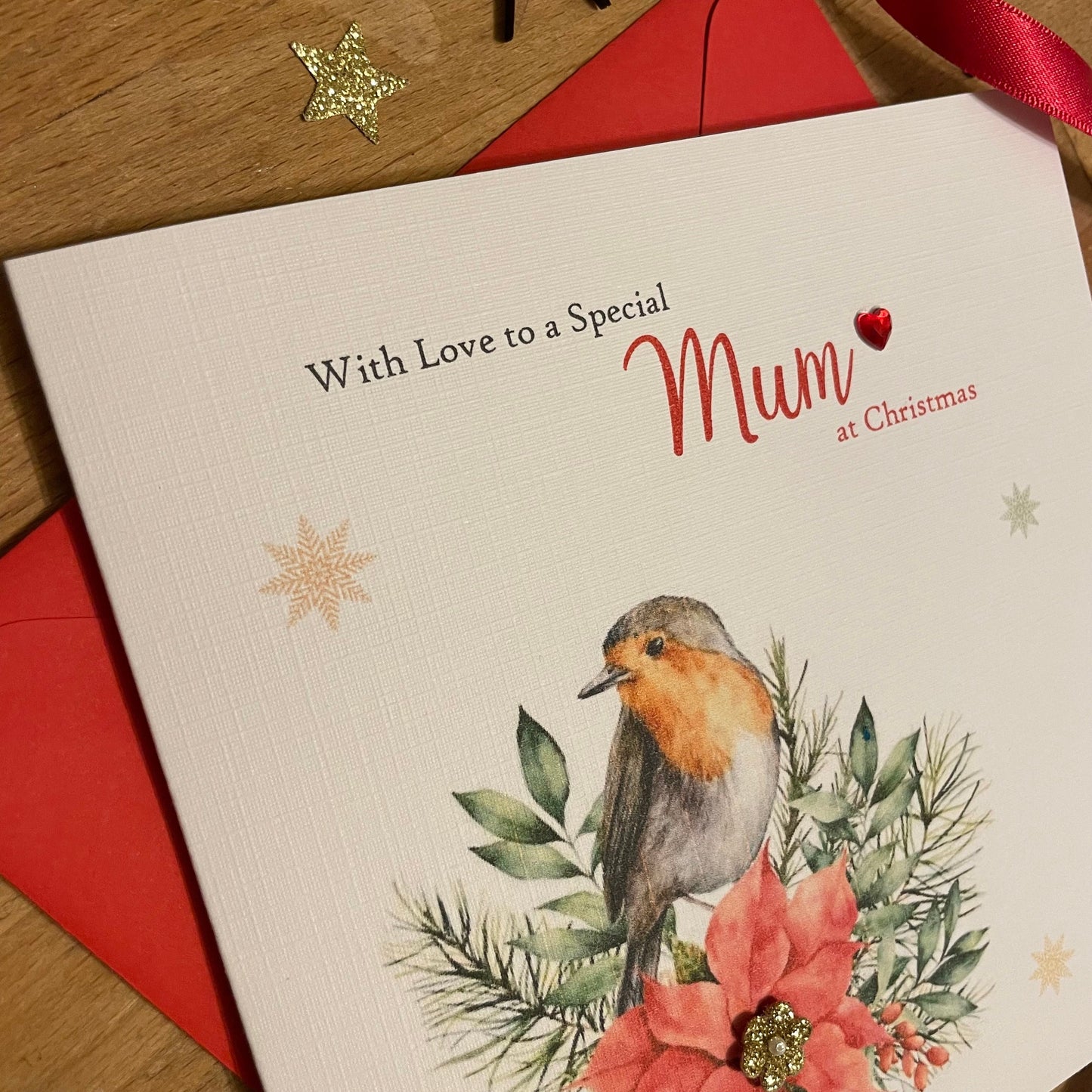 Robin Christmas Card - Personalised - Christmas Robin Poinsettia and Snowflakes