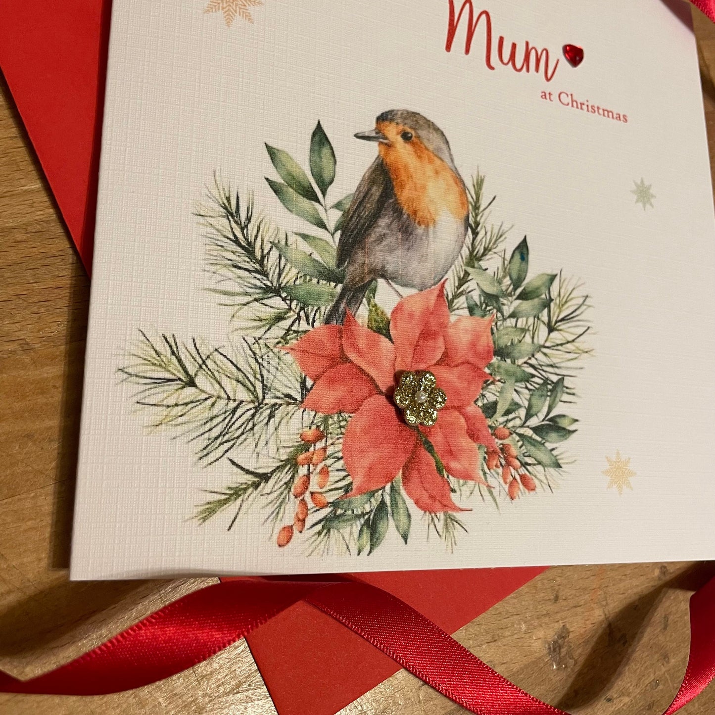Robin Christmas Card - Personalised - Christmas Robin Poinsettia and Snowflakes
