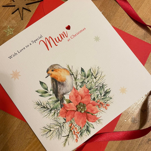 Robin Christmas Card - Personalised - Christmas Robin Poinsettia and Snowflakes