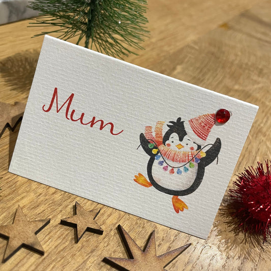 Personalised Christmas Table Name Cards - Dancing Penguin