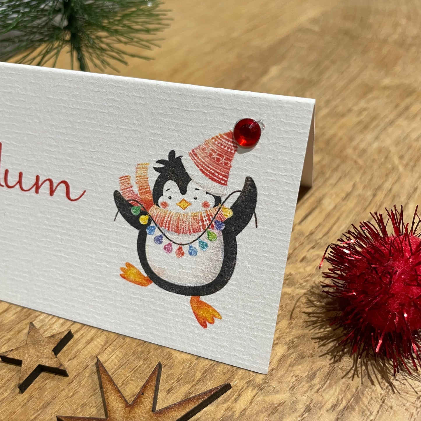 Personalised Christmas Table Name Cards - Dancing Penguin