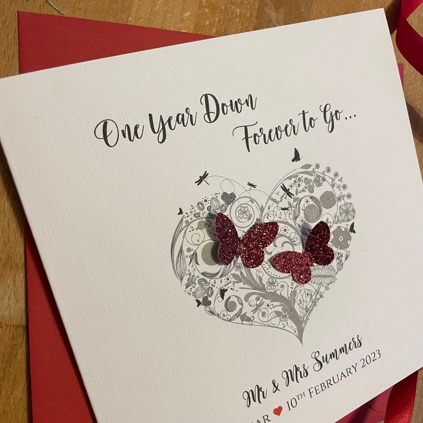 Personalised 1st Wedding Anniversary Card - Paper Anniversary -  Glitter Butterfly Heart