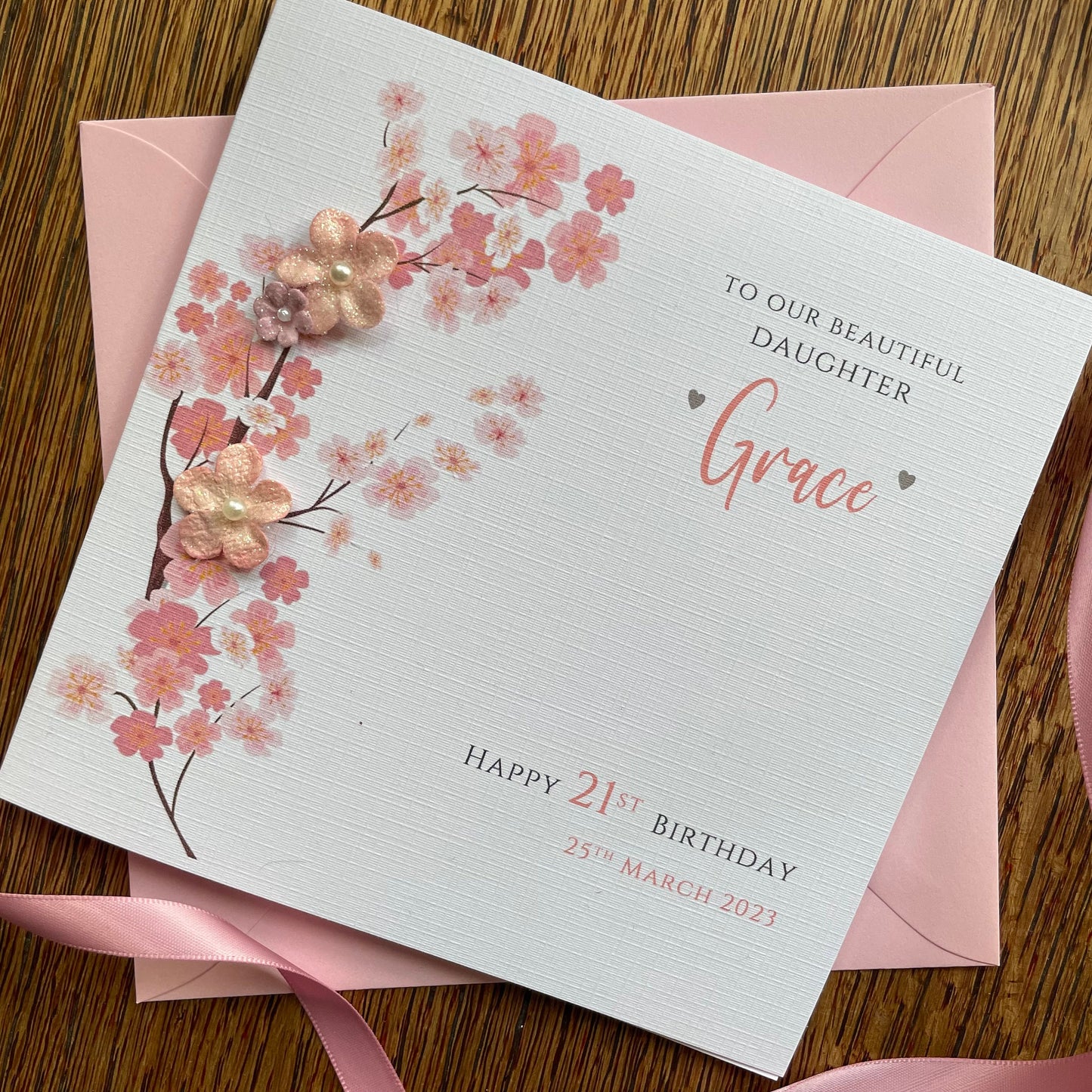 Personalised Birthday Card - Pink Blossom Paper Flowers