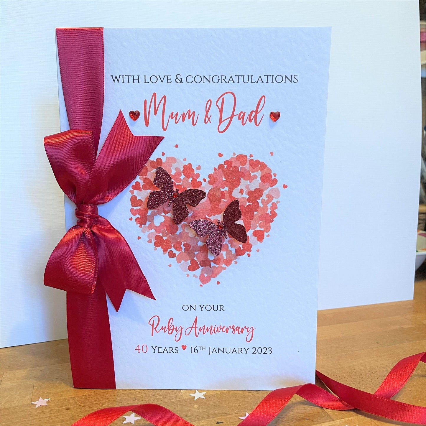 Luxury Ruby Wedding Anniversary Card, Personalised 40th Anniversary, Hearts & Butterflies - Boxed