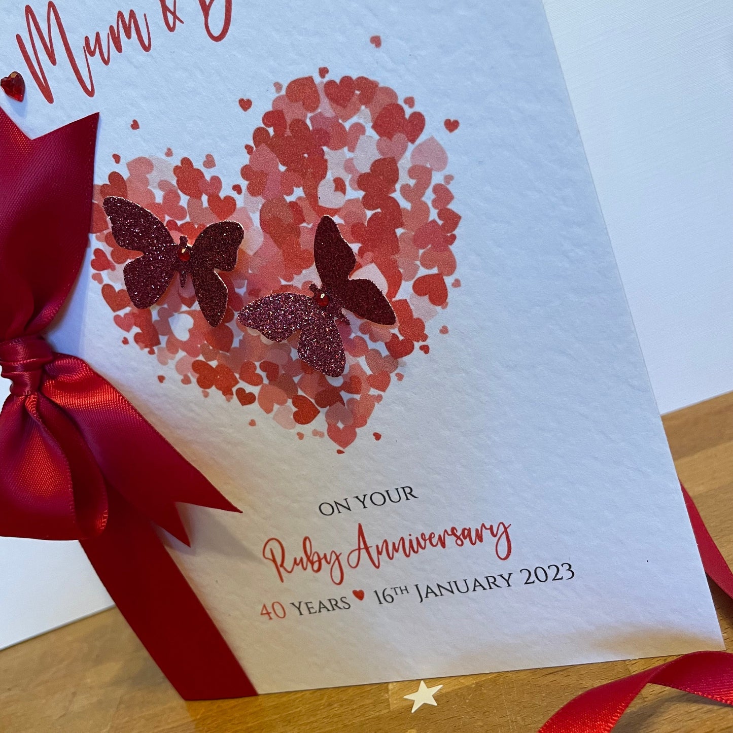 Luxury Ruby Wedding Anniversary Card, Personalised 40th Anniversary, Hearts & Butterflies - Boxed