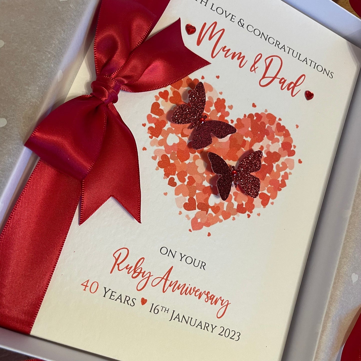 Luxury Ruby Wedding Anniversary Card, Personalised 40th Anniversary, Hearts & Butterflies - Boxed