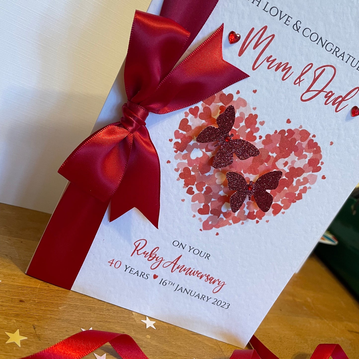 Luxury Ruby Wedding Anniversary Card, Personalised 40th Anniversary, Hearts & Butterflies - Boxed