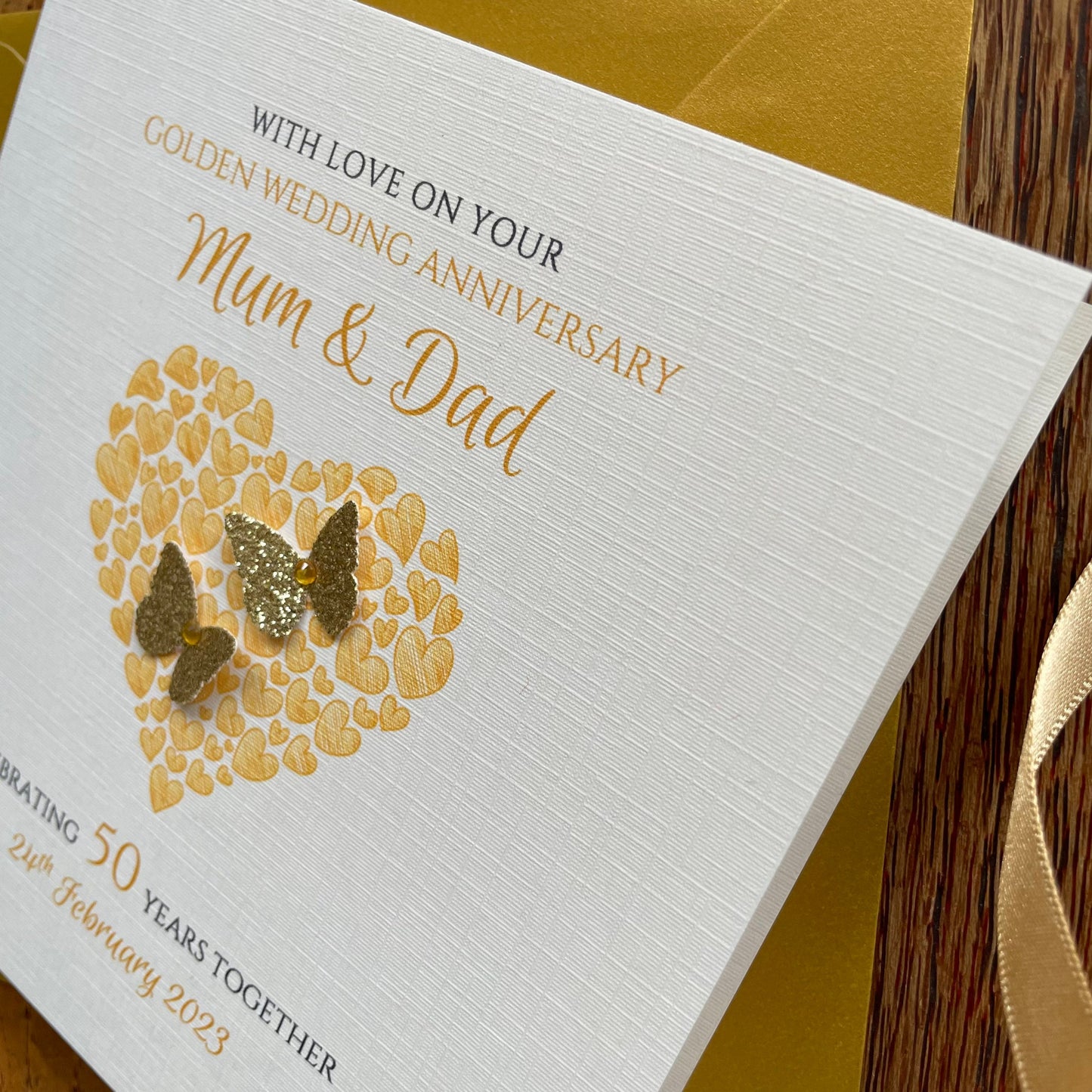 Personalised Golden Wedding Anniversary Card - Heart of Hearts & Butterflies