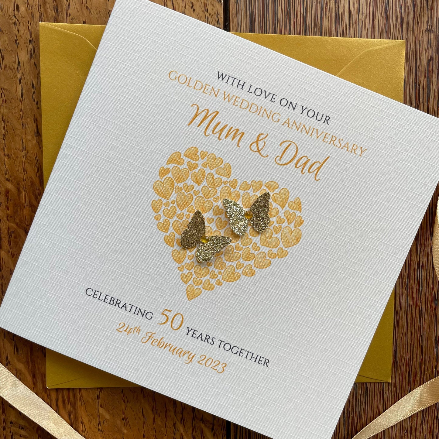 Personalised Golden Wedding Anniversary Card - Heart of Hearts & Butterflies