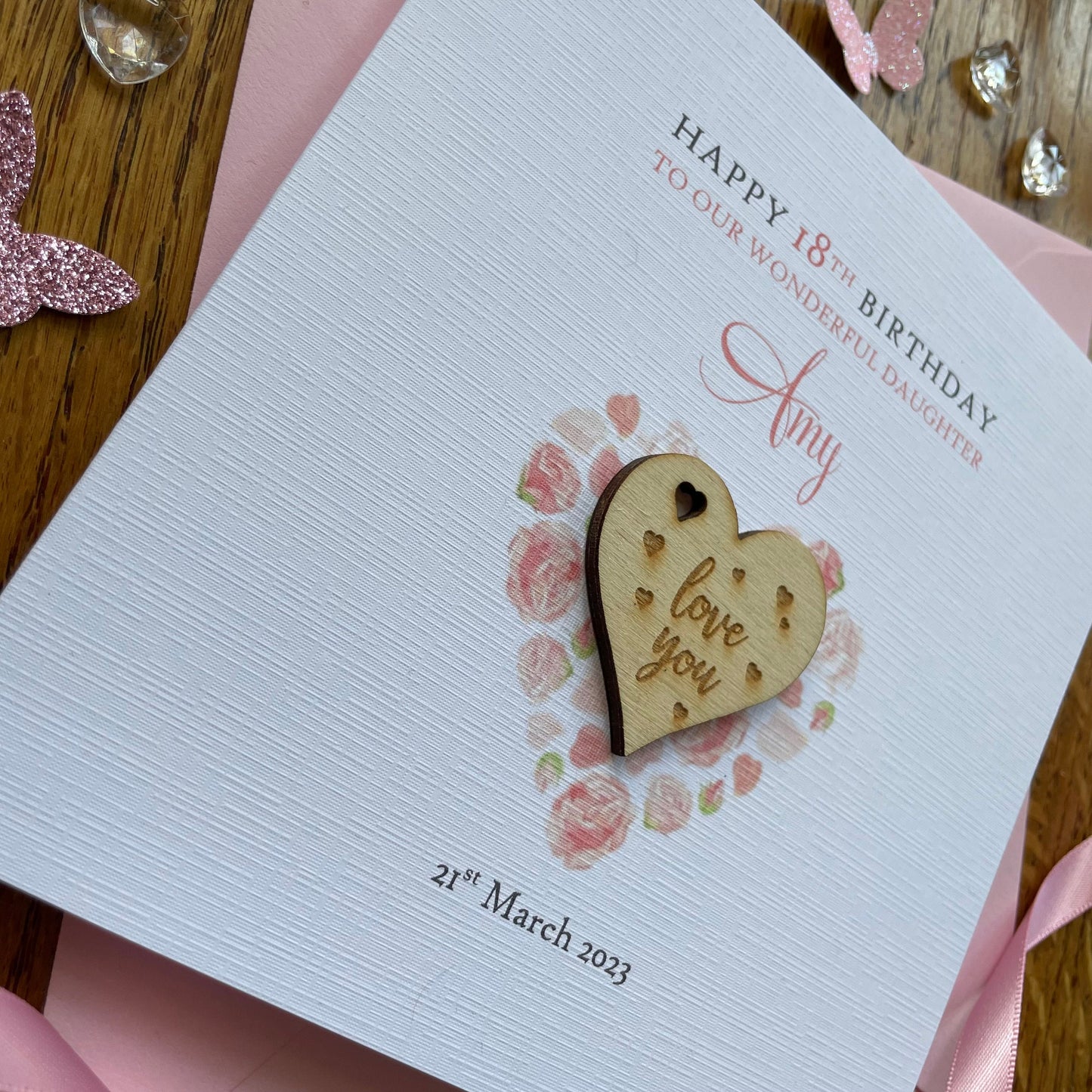 Personalised Birthday Card - Pink Rose Heart Pocket Hug Keepsake Card