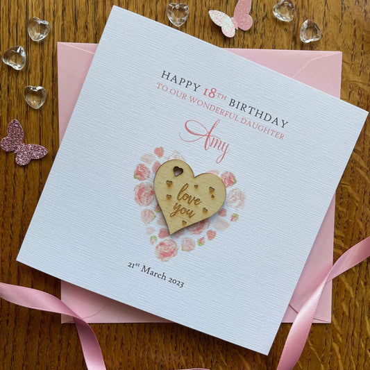 Personalised Birthday Card - Pink Rose Heart Pocket Hug Keepsake Card