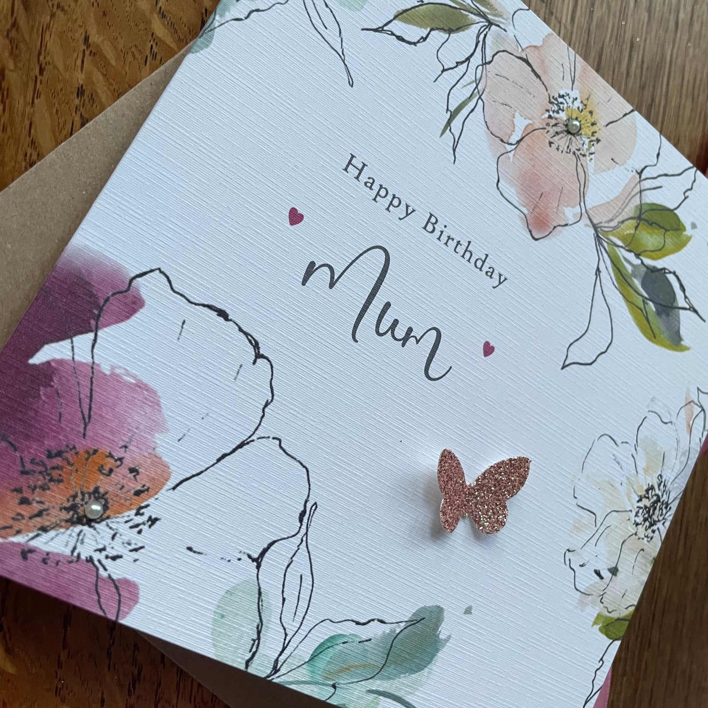 Personalised Birthday Card - Floral Watercolour Frame with Pearl Butterfly
