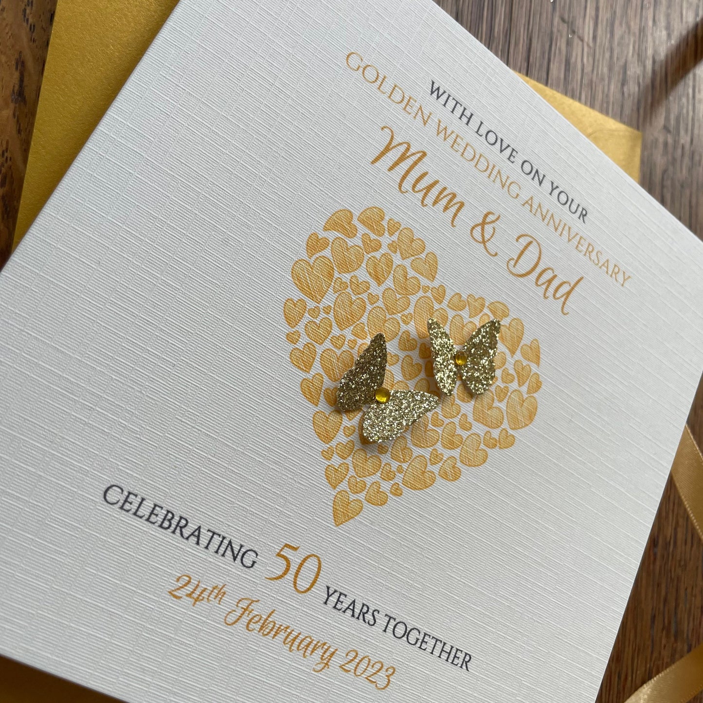 Personalised Golden Wedding Anniversary Card - Heart of Hearts & Butterflies